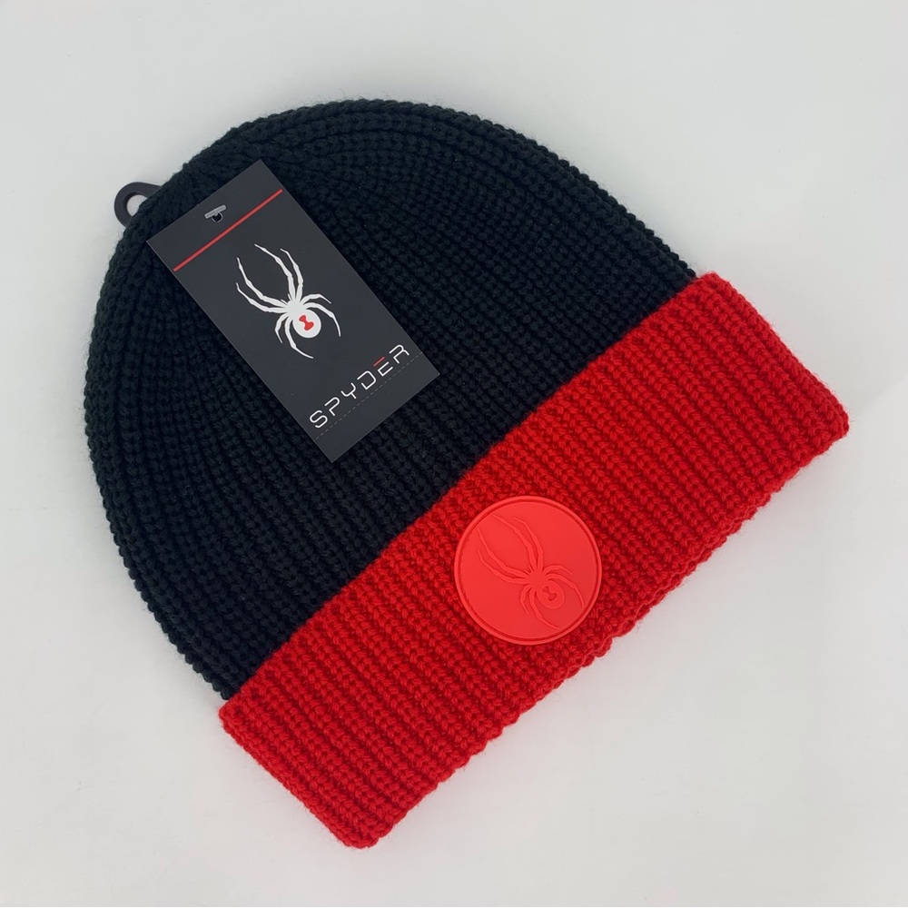 Spyder NWT Mens' Black and Res Colorblock Knit Beanie, OS